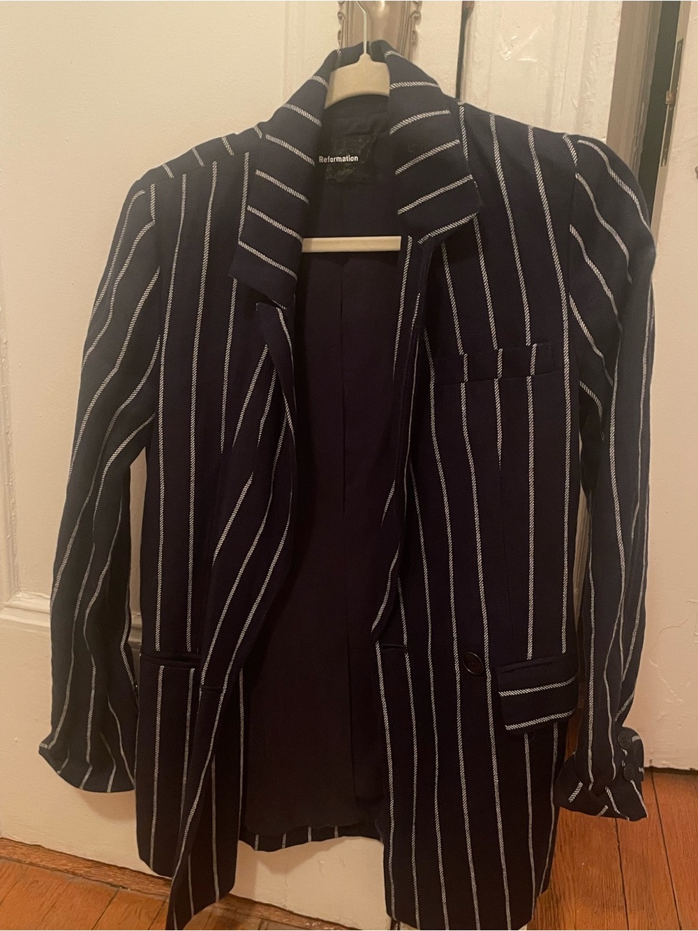 Reformation Verano Navy Striped Linen Blazer